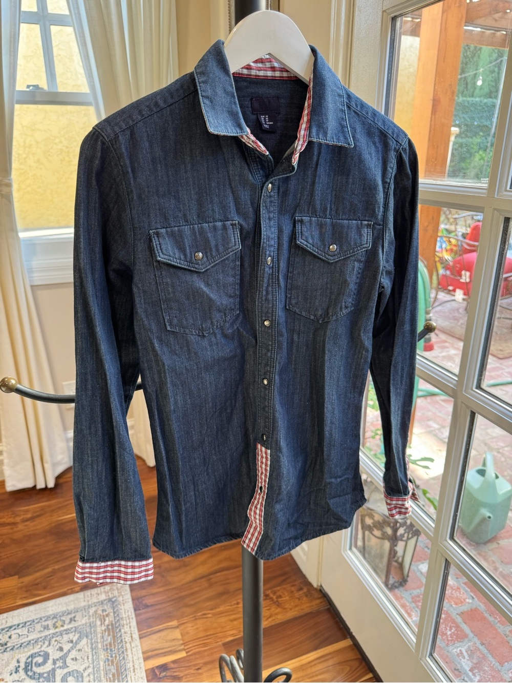 H&M Dark Blue Denim Button-Down Shirt with Red-Check Trim
